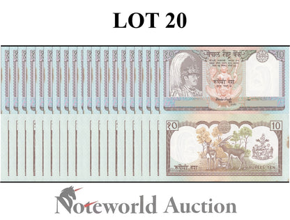 NEPAL Lot 20 pcs 1/5 Bundle - 10 Rupees 1990-1995 P 31a2 FOXING UNC