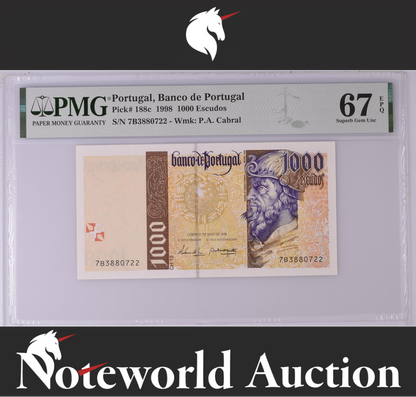 Portugal Banco de Portugal 1000 Escudos 1998 P 188c UNC PMG 67 EPQ