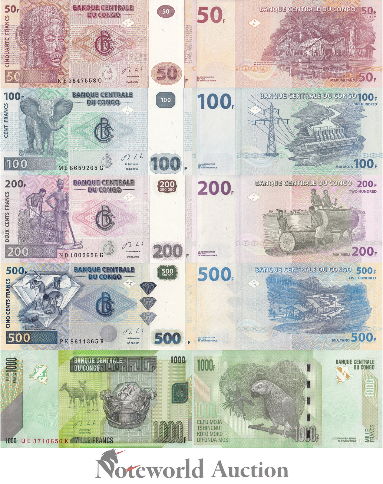 CONGO Set 5 pcs - 50 100 200 500 1000 Francs 2013 P 97a 98A 99b 96a 101b UNC