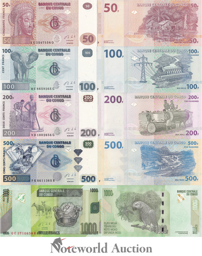 CONGO Set 5 pcs - 50 100 200 500 1000 Francs 2013 P 97a 98A 99b 96a 101b UNC