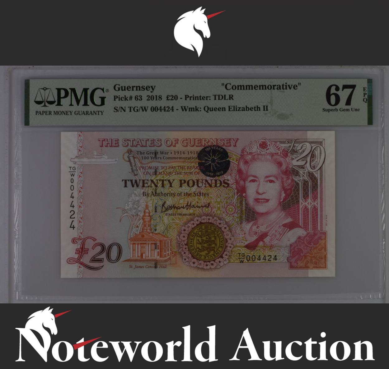 Guernsey Commemorative £20 2018 P 63 LOW SERIAL NO. 00XXXX UNC PMG 67 EPQ