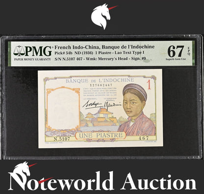 French Indo China 1 Piastre ND (1936) P 54b UNC PMG 67 EPQ 2nd TOP POP