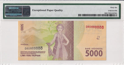 INDONESIA 5000 Rupiah 2016 P 156 Fancy SOLID 8 - 888888 UNC PMG 66 EPQ