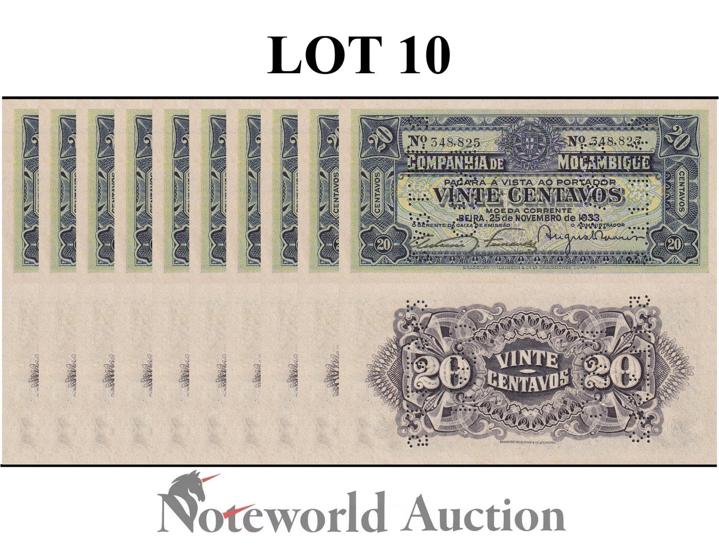 MOZAMBIQUE 20 Centavos 1933 P R29 MINOR FOXING Lot 10 pcs 1/10 Bundle UNC