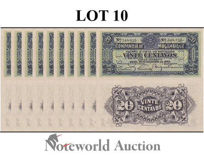 MOZAMBIQUE 20 Centavos 1933 P R29 MINOR FOXING Lot 10 pcs 1/10 Bundle UNC