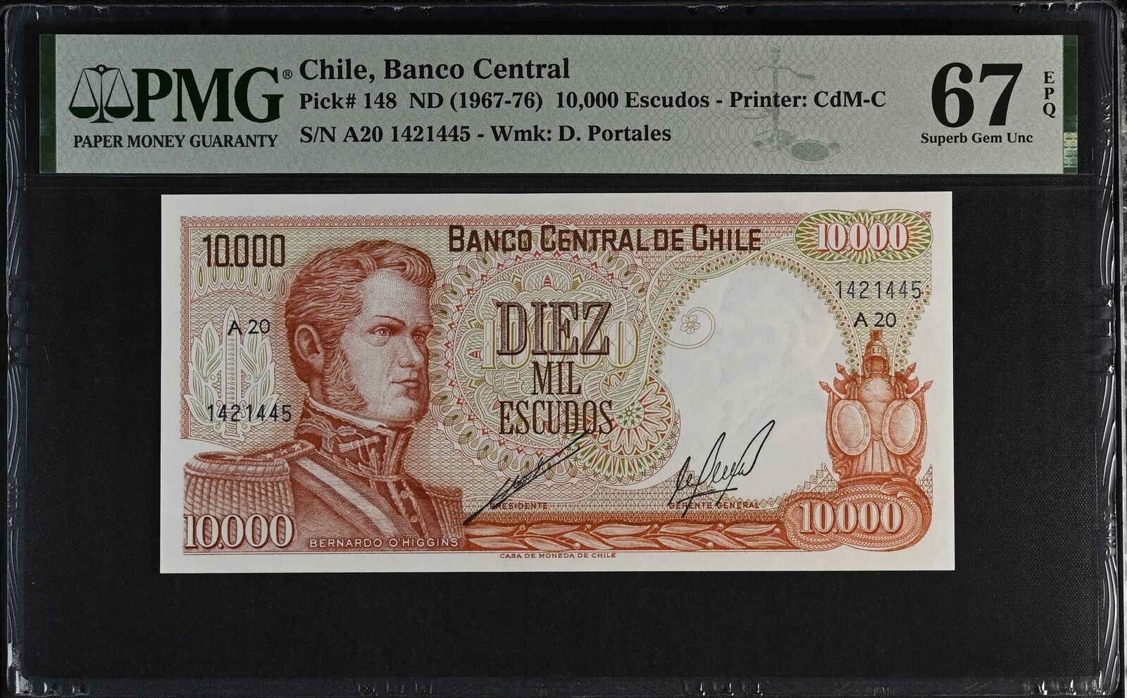 CHILE 10000 Escudos 1967-76 P 148 UNC PMG 67 EPQ