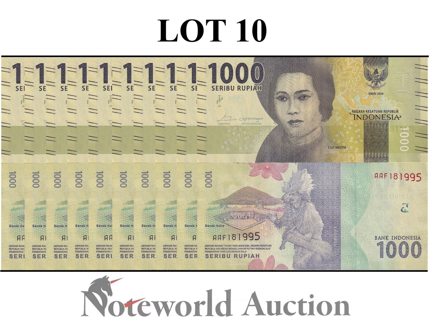 INDONESIA Lot 10 pcs 1/10 Bundle - 1000 Rupiah 2016 P 154a UNC