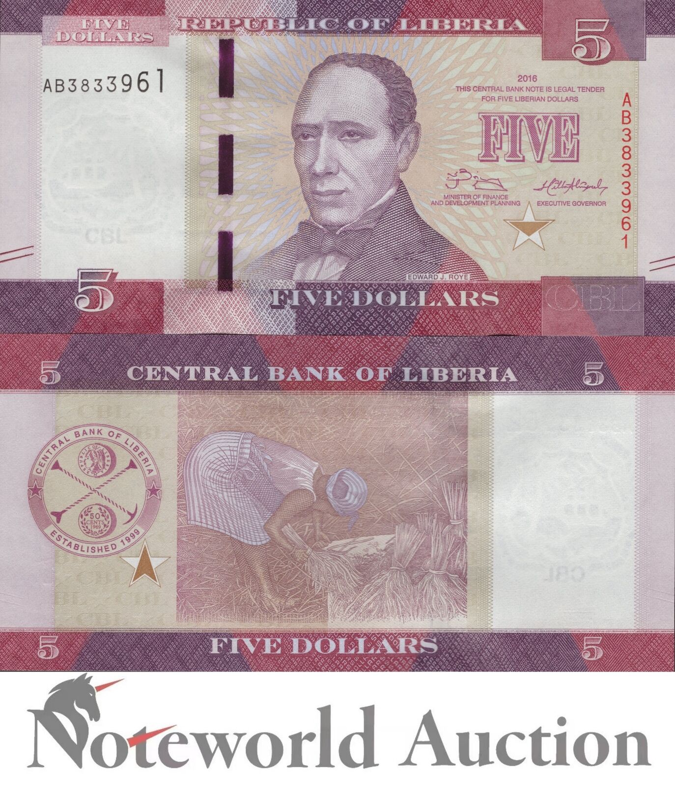 LIBERIA 5 Dollars 2016 P 31a UNC