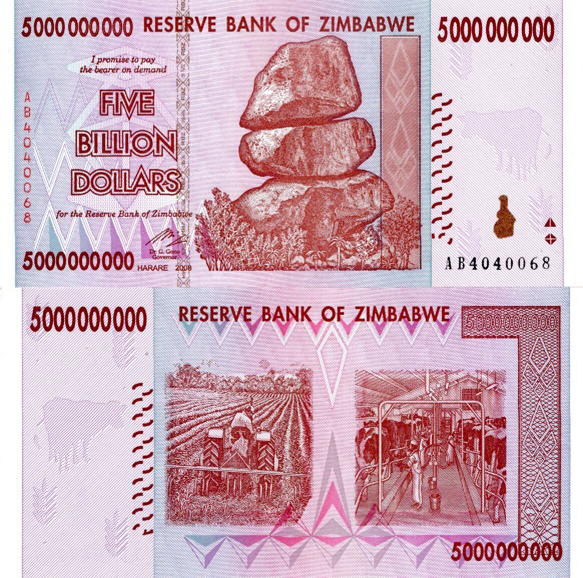 ZIMBABWE Lot 5 pcs 1/20 Bundle - 5000000000 5,000,000,000 Dollars 2008 P 84 UNC