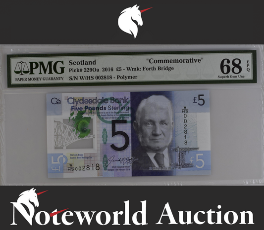Scotland COMM. 5 2016 P 229Oa Polymer LOW S/N 2818 UNC PMG 68 EPQ 3rd TOP POP