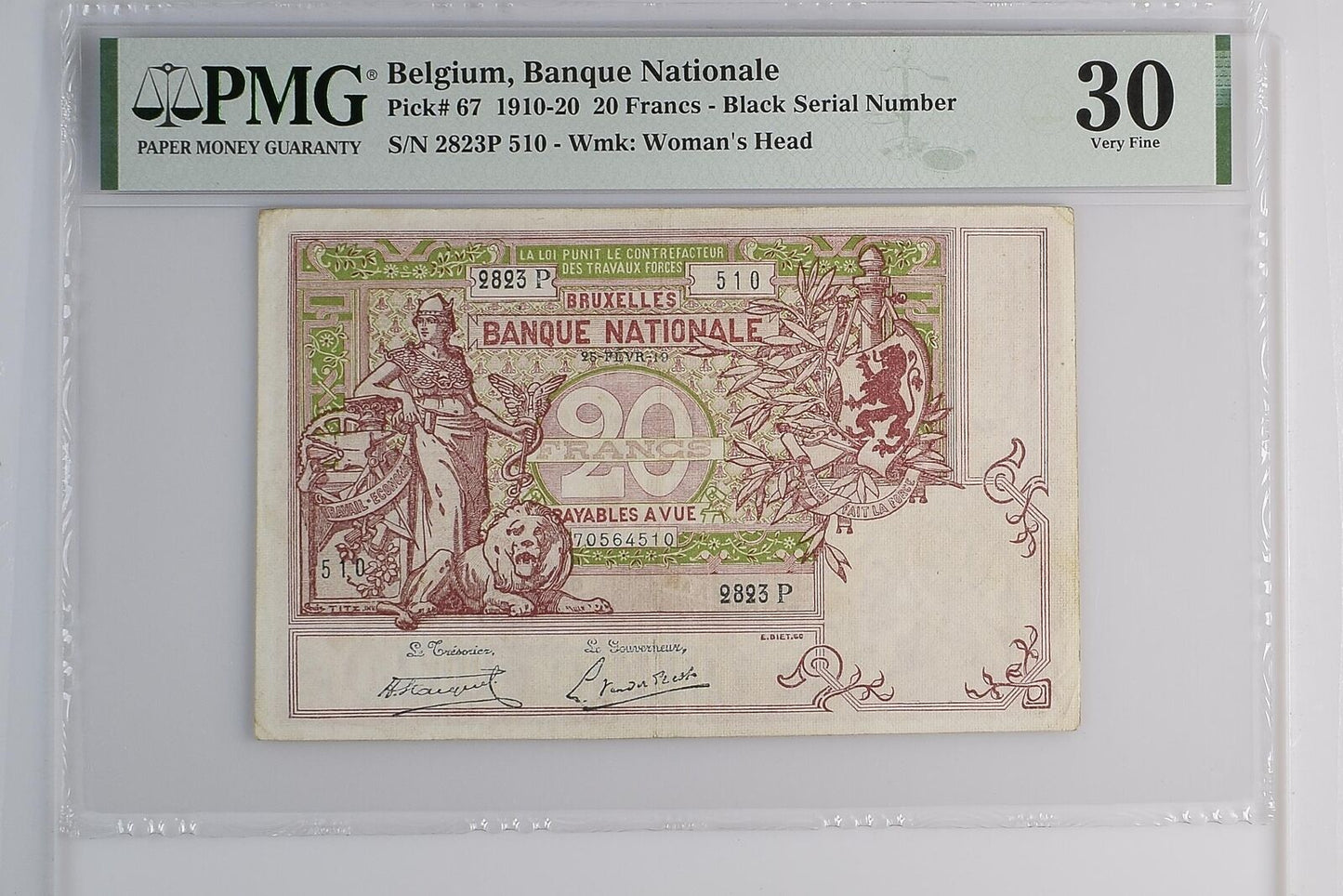 BELGIUM 20 Francs (1919) 1910-20 P 67 VF PMG 30