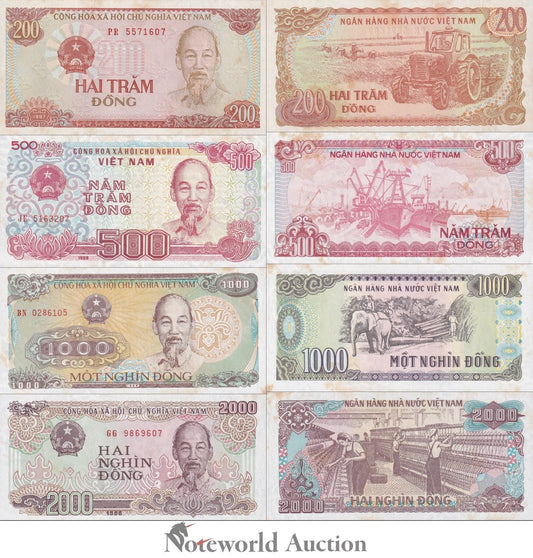 VIET NAM VIETNAM 200 500-2000 Dong 1987-88 P 100 101-107 FOXING Set 4 pcs UNC