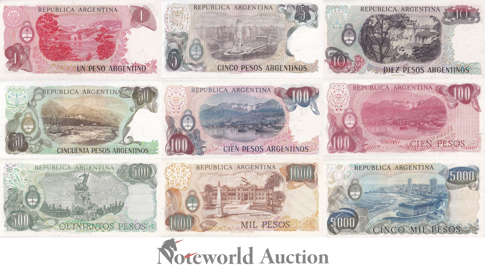 ARGENTINA Set 9 pcs - 1-5000 Pesos ND 1976-1985 P 302-315 UNC