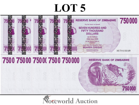 ZIMBABWE 750000 Dollars 2007 P 52 Lot 5 pcs 1/20 Bundle UNC