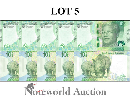 SOUTH AFRICA LOT 5 pcs 1/20 Bundle -  10 Rand 2023 P 148 UNC