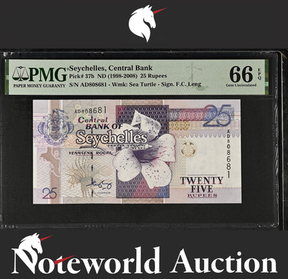 Seychelles Central Bank 25 Rupees ND(1998-2008) P 37b UNC PMG 66 EPQ 3rd TOP POP