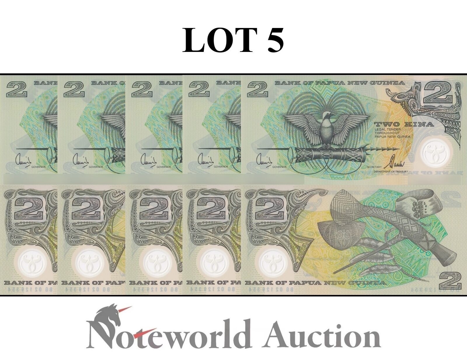 PAPUA NEW GUINEA Lot 5 pcs 1/20 Bundle - 2 Kina 2002 P 16d Polymer UNC