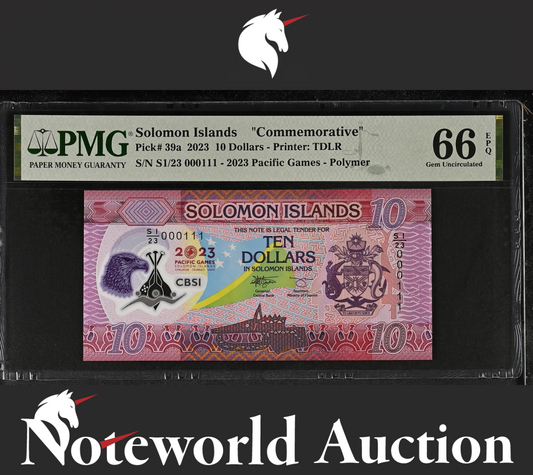 Solomon Islands COMM. 10 2023 P 39a Polymer Binary S/N 000111 UNC PMG 66 EPQ