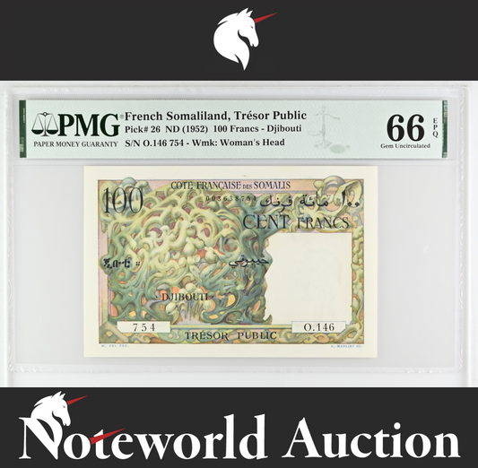 French Somaliland 100 Francs ND (1952) P 26 UNC PMG 66 EPQ 3rd TOP POP