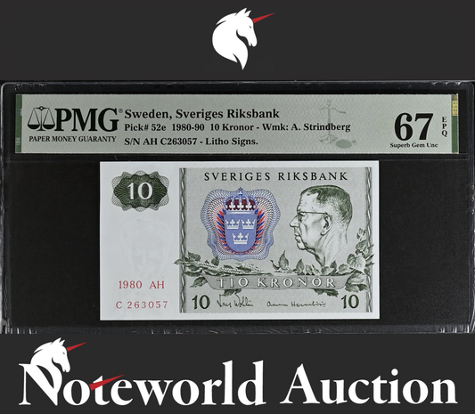 Sweden Sveriges Riksbank 10 Kronor 1980-90 P 52e UNC PMG 67 EPQ 2nd TOP POP