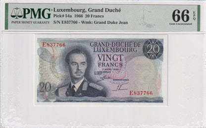 LUXEMBOURG 20 Francs 1966 P 54a UNC PMG 66 EPQ