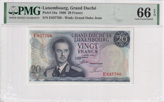 LUXEMBOURG 20 Francs 1966 P 54a UNC PMG 66 EPQ