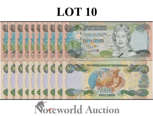 BAHAMAS Lot 10 pcs 1/10 Bundle - 50 Cents 1/2 Dollar 2001 P 68 QEII UNC