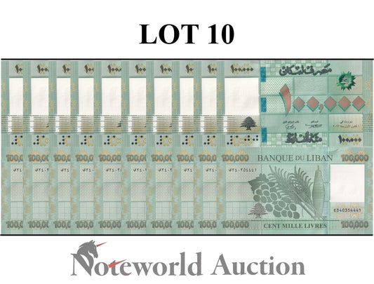 LEBANON Lot 10 pcs 1/10 Bundle - 100000 Livres 2022 P 95 UNC