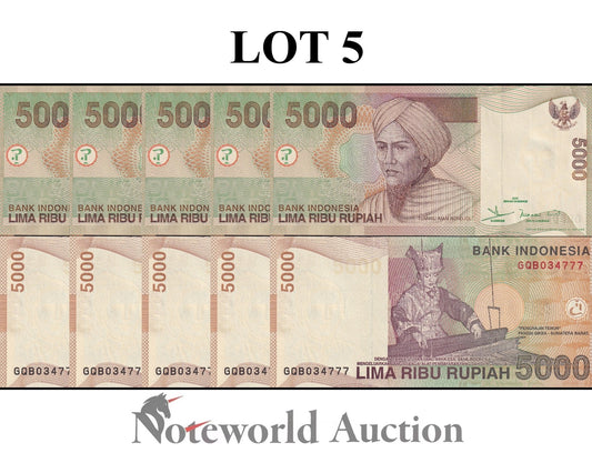 INDONESIA 5000 Rupiah 2001/2003 P 142 Lot 5 pcs 1/20 Bundle UNC