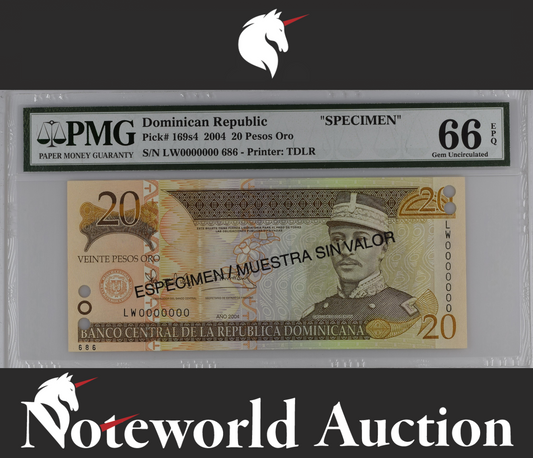 Dominican Republic SPECIMEN 20 Pesos 2004 P 169s4 UNC PMG 66 EPQ 2nd TOP POP