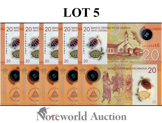 NICARAGUA 20 Cordobas 2019 P 210a Polymer  Lot 5 pcs 1/20 Bundle UNC