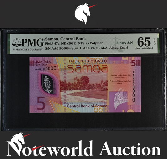 Samoa 5 Tala ND (2023) Polymer P 47a Prefix AA Binary S/N 0100000 UNC PMG 65 EPQ