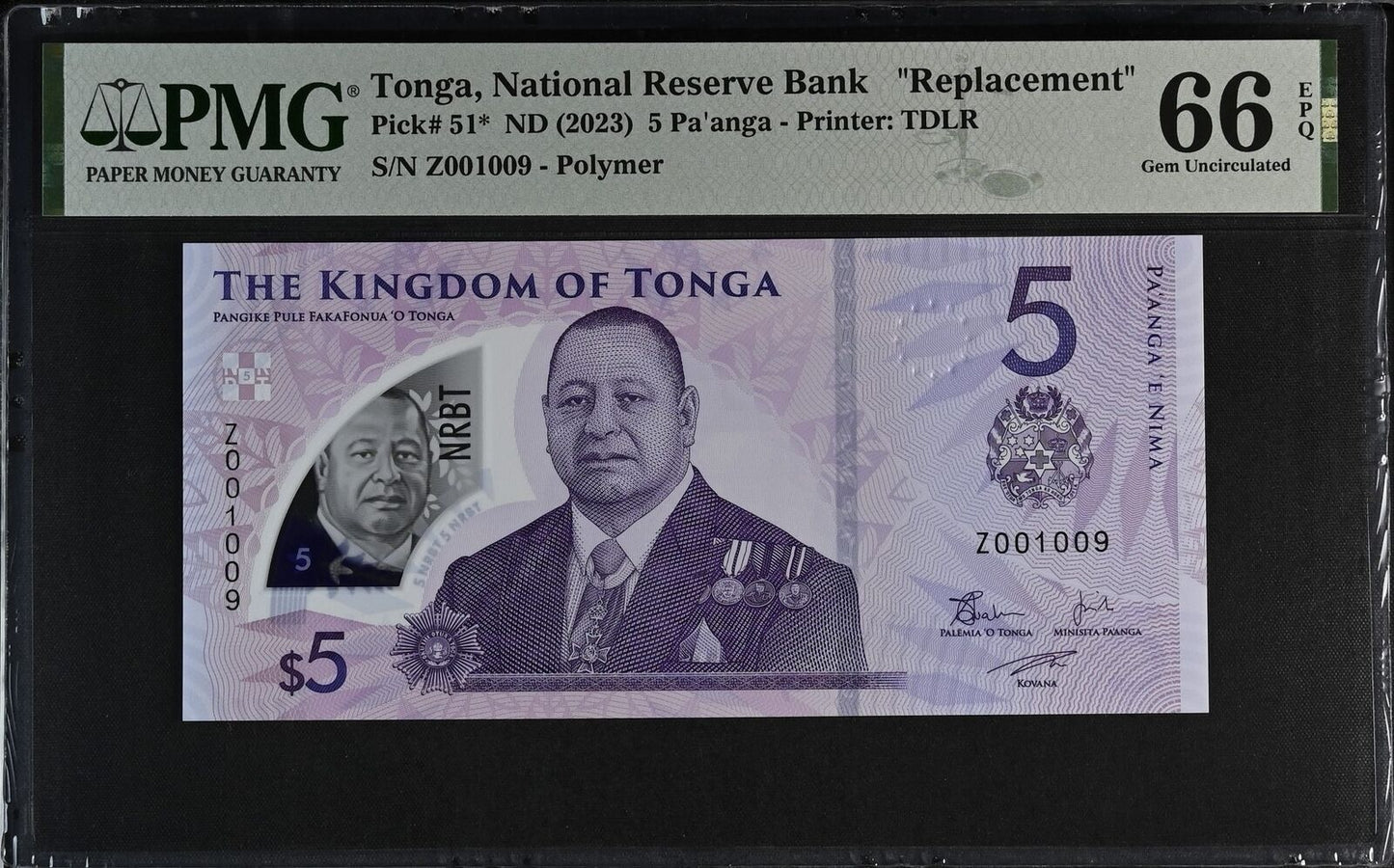 TONGA 5 2023 P 51* Replacement Fancy Lucky LOW S/N 001009 Polymer UNC PMG 66 EPQ