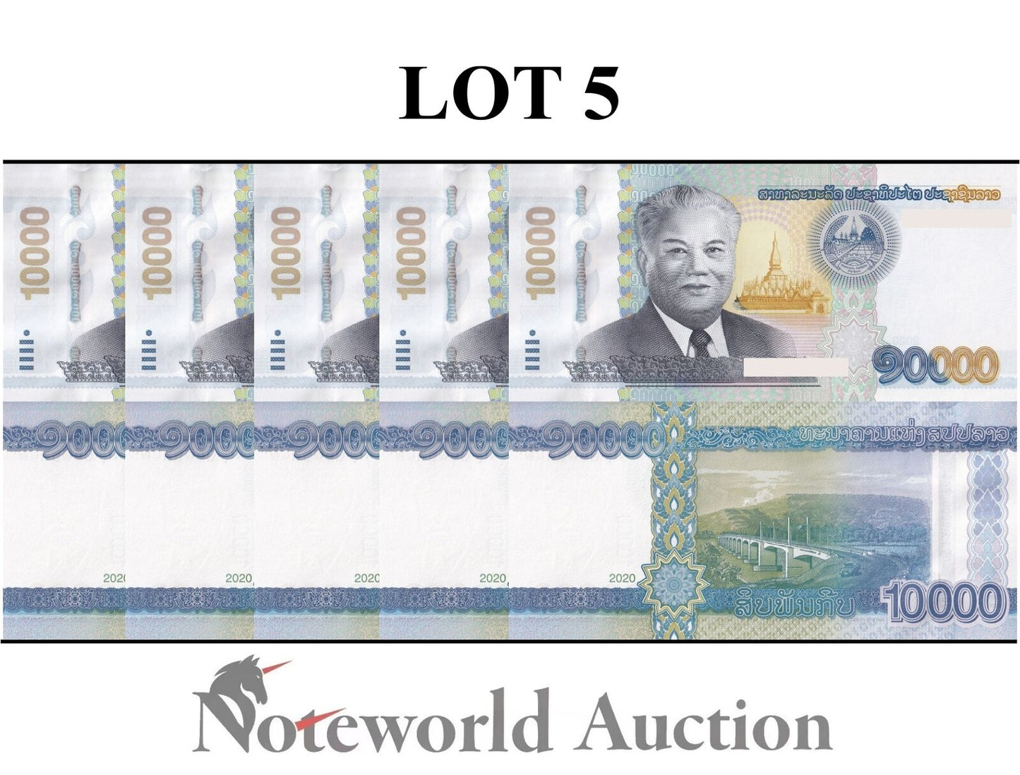 LAOS Lot 5 pcs 1/20 Bundle - 10000 Kip 2020 P 41B UNC