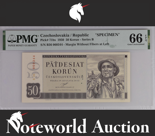 Czechoslovakia SPECIMEN 50 Korun 1950 P 71bs UNC PMG 66 EPQ 2nd TOP POP