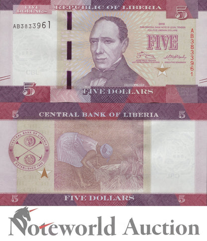 LIBERIA 5 Dollars 2016 P 31a Lot 5 pcs 1/20 Bundle UNC