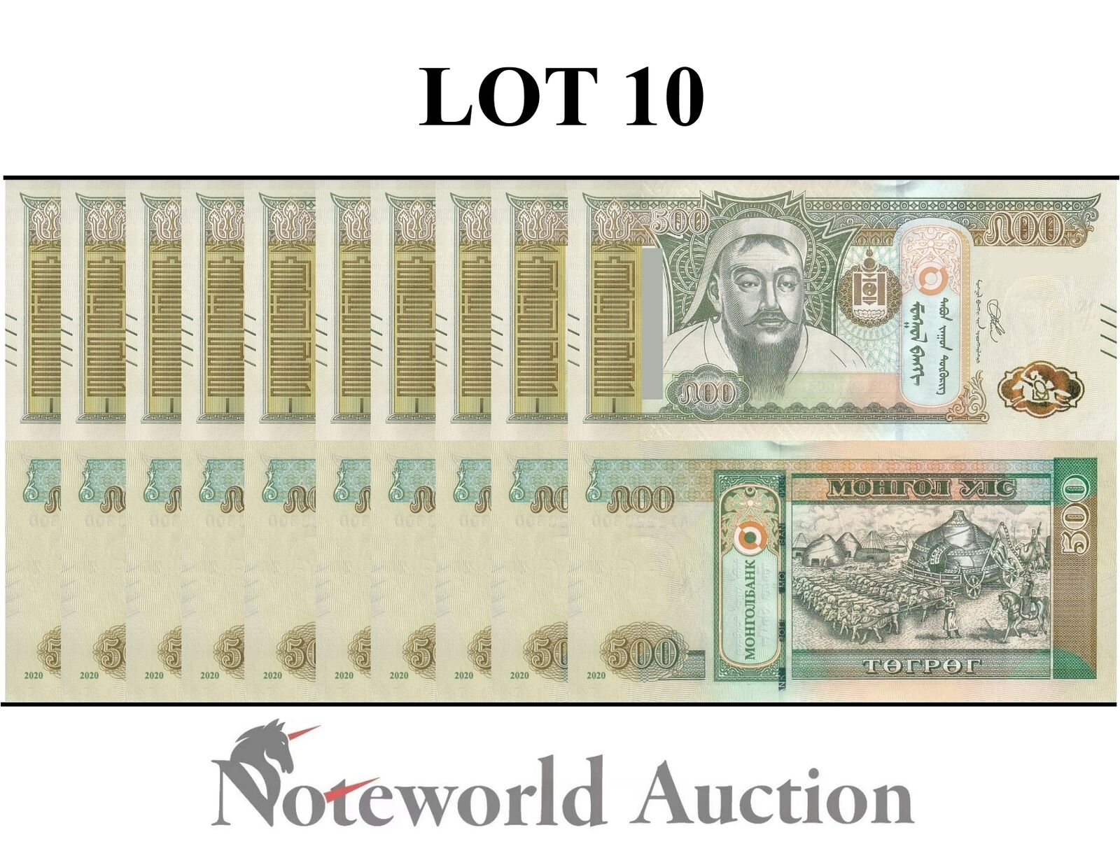 MONGOLIA Lot 10 pcs 1/10 Bundle - 500 Togroh 2020 P 74 New Security UNC