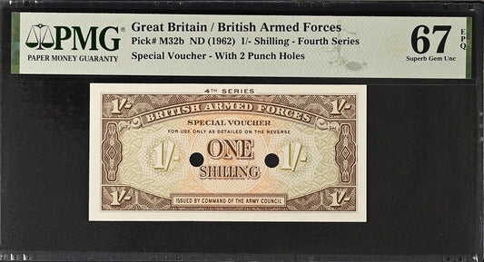 GREAT BRITAIN 1/- Shilling 1962 P M32b W/2 Punch Holes UNC PMG 67 EPQ