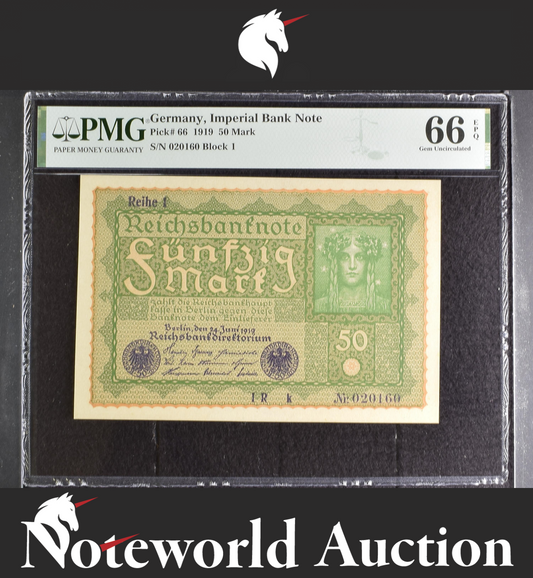 Germany Imperial Bank Note 50 Mark 1919 P 66 UNC PMG 66 EPQ 3rd TOP POP
