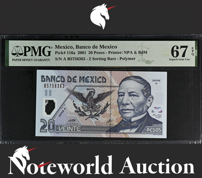 Mexico Banco de Mexico 20 Pesos 2001 P 116a Polymer Serie A UNC PMG 67 EPQ NR