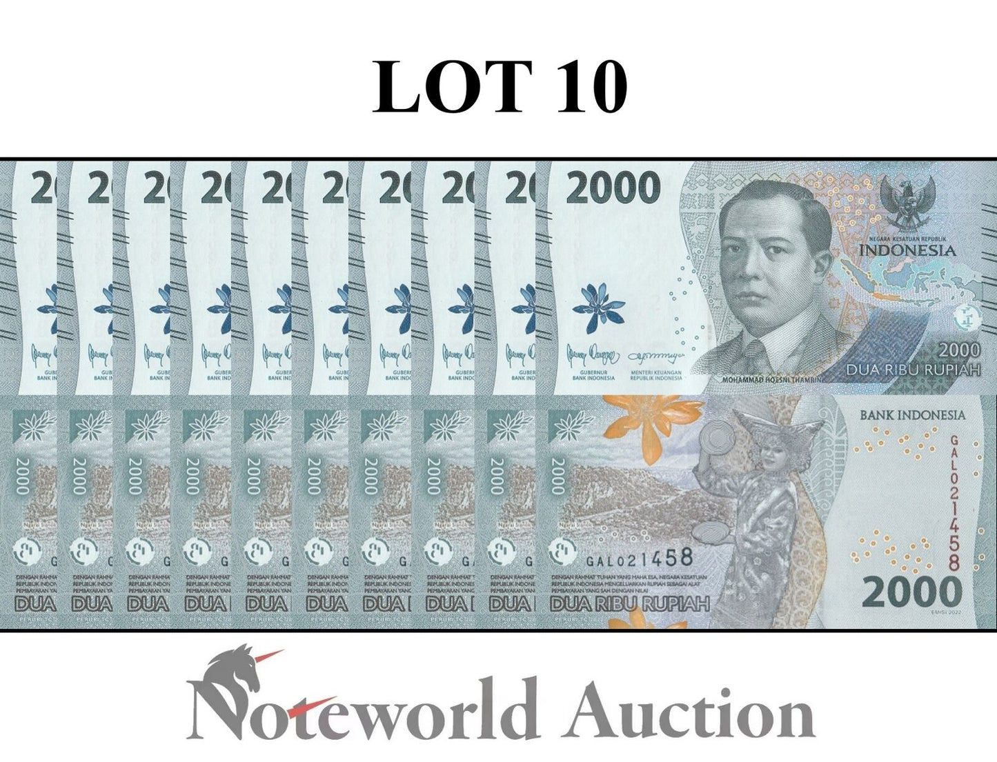 INDONESIA Lot 10 pcs 1/10 Bundle - 2000 Rupiah 2022 P 163 New design New family