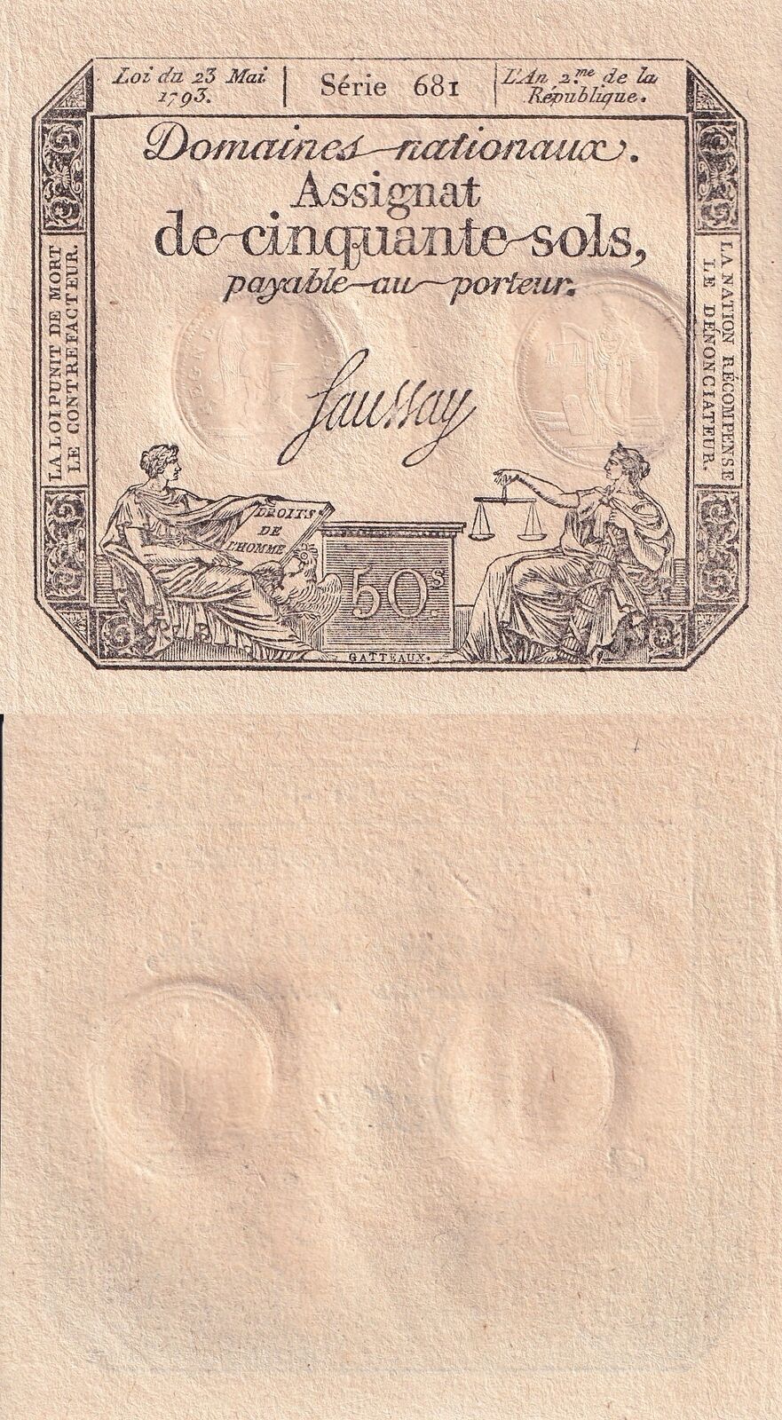 FRANCE 50 Sols 1793 P A70b UNC