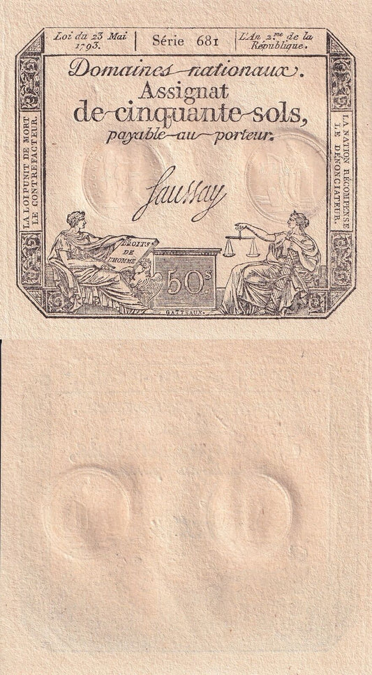 FRANCE 50 Sols 1793 P A70b UNC