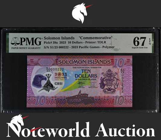 Solomon Islands COMM. 10 2023 P 39a LOW S/N 000222 UNC PMG 67 EPQ 3rd TOP POP