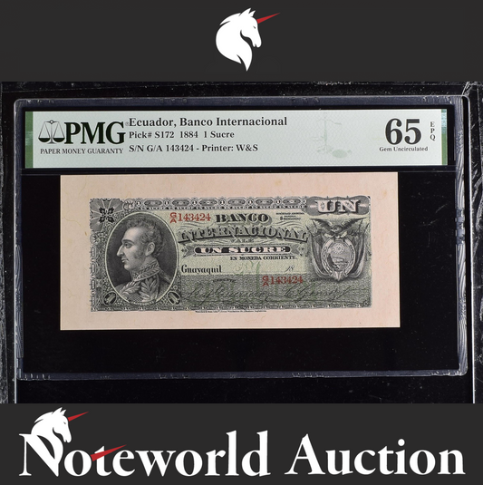 Ecuador Banco Internacional 1 Sucre 1884 P S172 UNC PMG 65 EPQ 3rd TOP POP