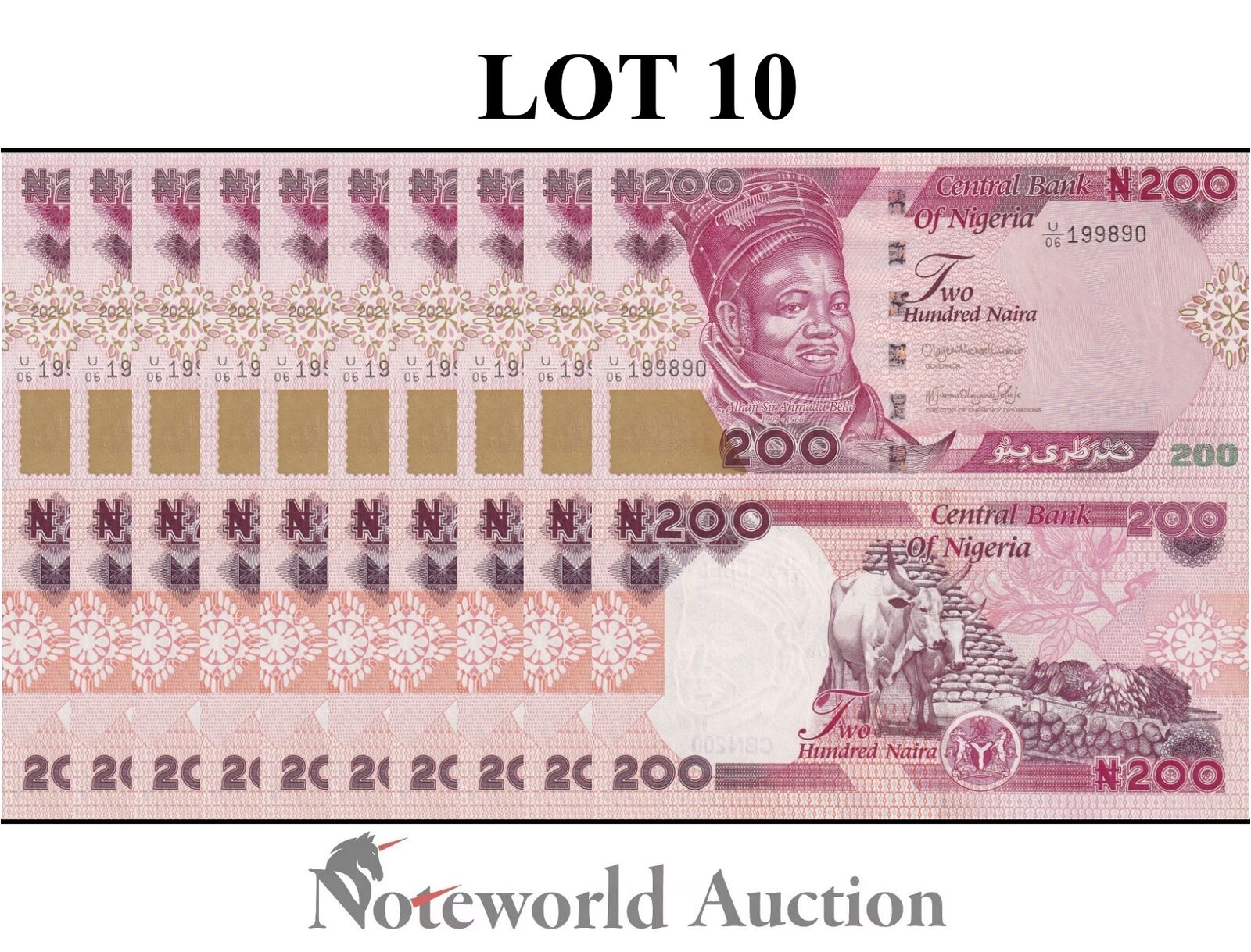 NIGERIA Lot 10 pcs 1/10 Bundle - 200 Naira 2024 P 47 New Design UNC