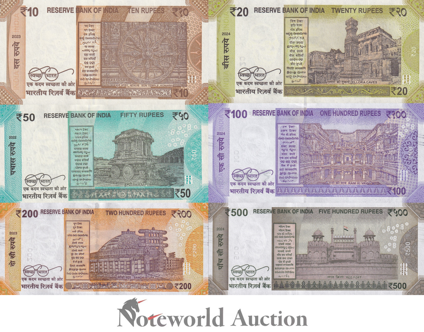 INDIA Set 6 p - 10 20 50-500 2017-2024 P 109 110-114 Matching LOW No. 0000XX UNC