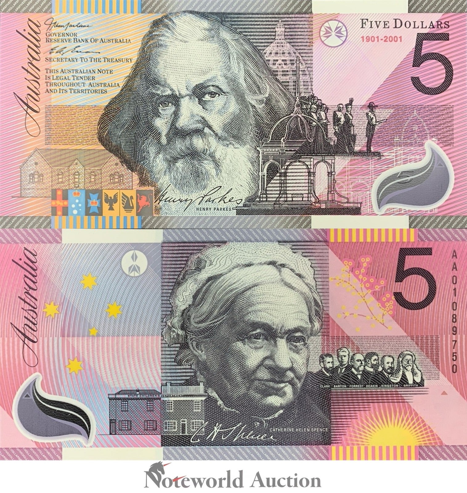 AUSTRALIA 5 Dollars 1901-2001 P 56b COMM. Polymer Prefix AA With Folder UNC