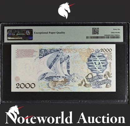 Portugal Banco de Portugal 2000 Escudos 1991 P 186b UNC PMG 66 EPQ 3rd TOP POP