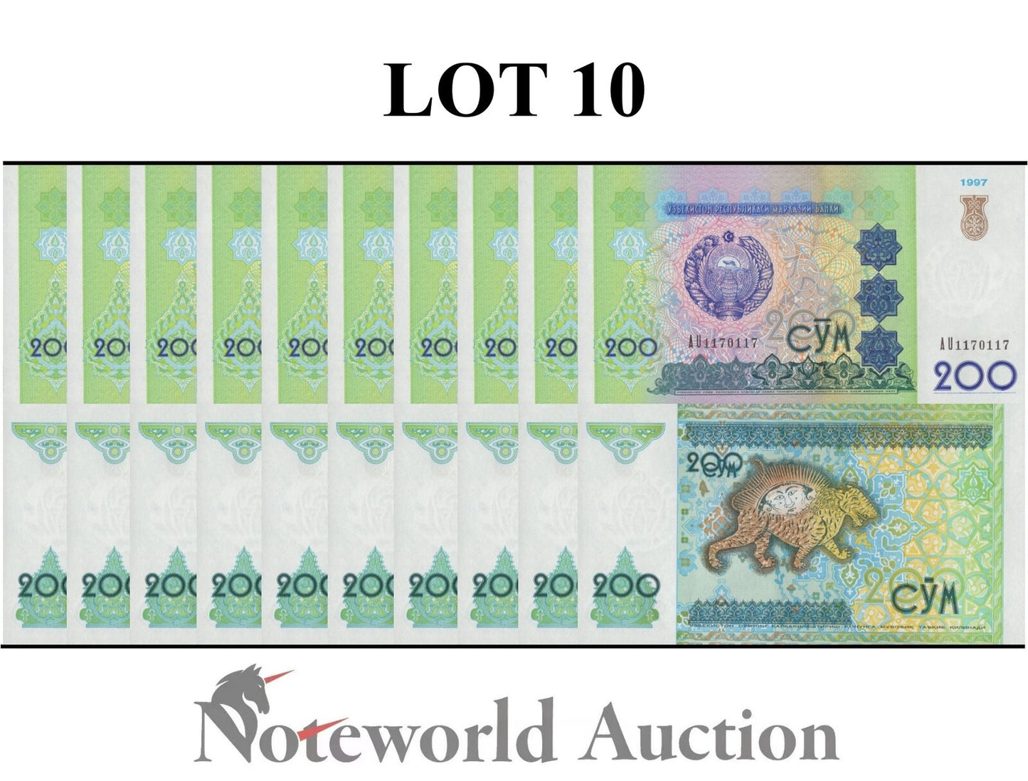 UZBEKISTAN Lot 10 pcs 1/10 Bundle - 200 So'm 1997 P 80 UNC